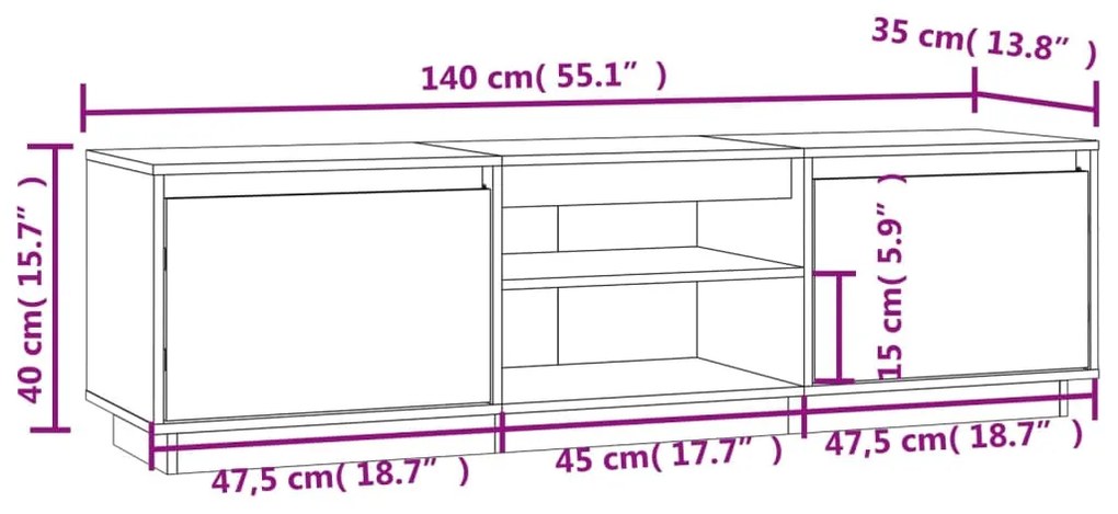 Móvel de TV 140x35x40 cm madeira de pinho maciça branco