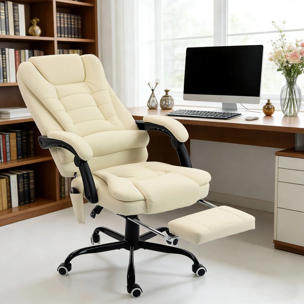 Cadeira de escritório com função de massagem, com altura ajustável, encosto reclinável e comando com fio, bege