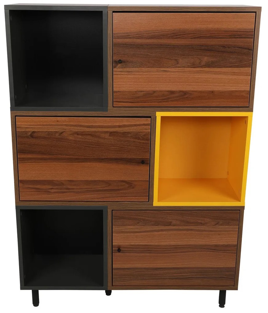 Estante Bengu – Nogueira, Antracite, Amarelo – 110x140x30 cm