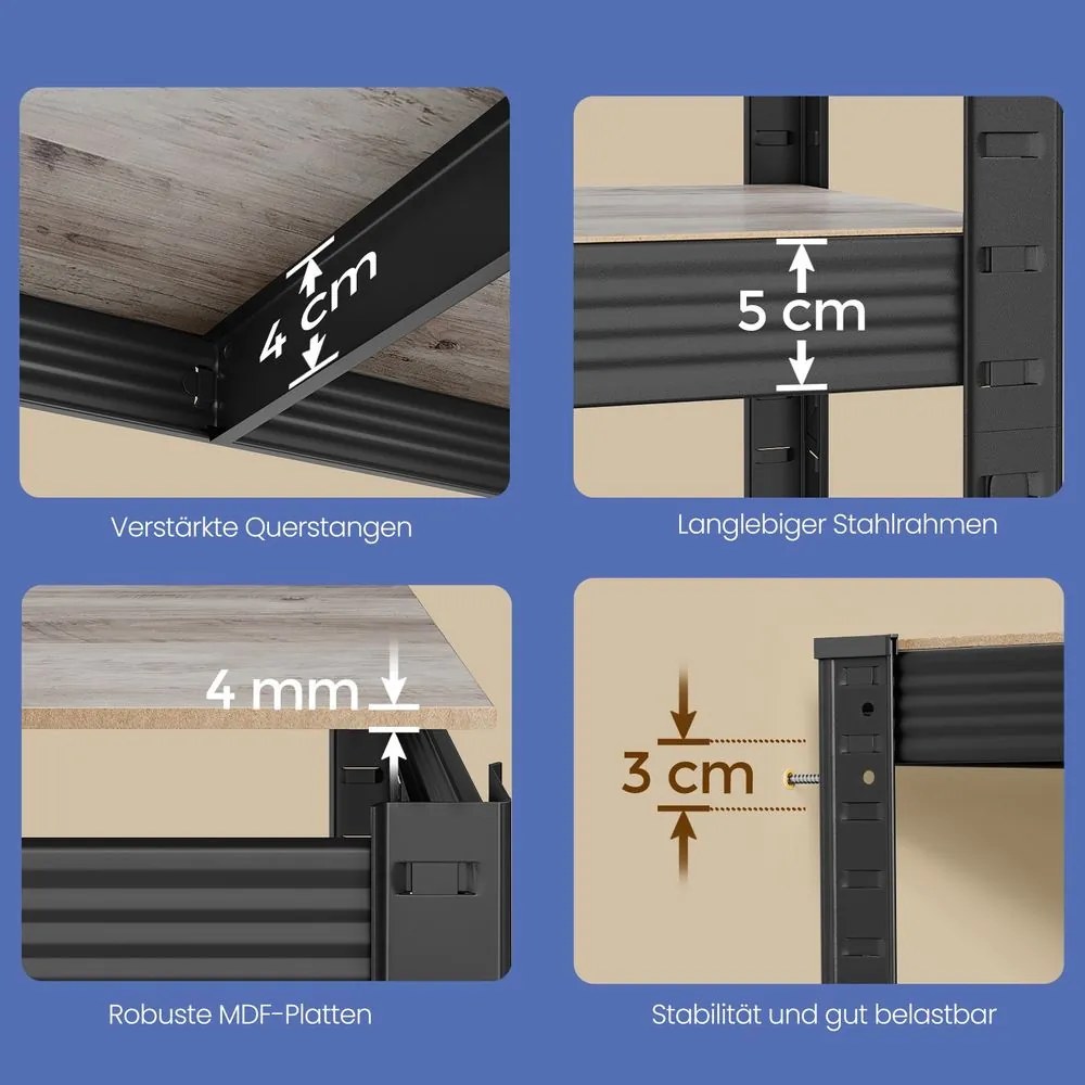 Estante de aço para cargas pesadas 30 x 75 x 150 cm cinza + preto