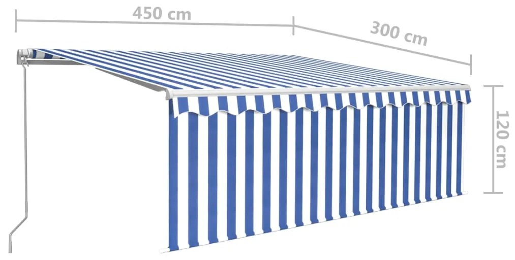 Toldo retrátil manual com estore/LED 4,5x3 m azul e branco