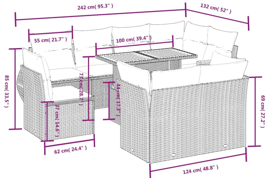 9 pcs conjunto sofás p/ jardim com almofadões vime PE cinzento