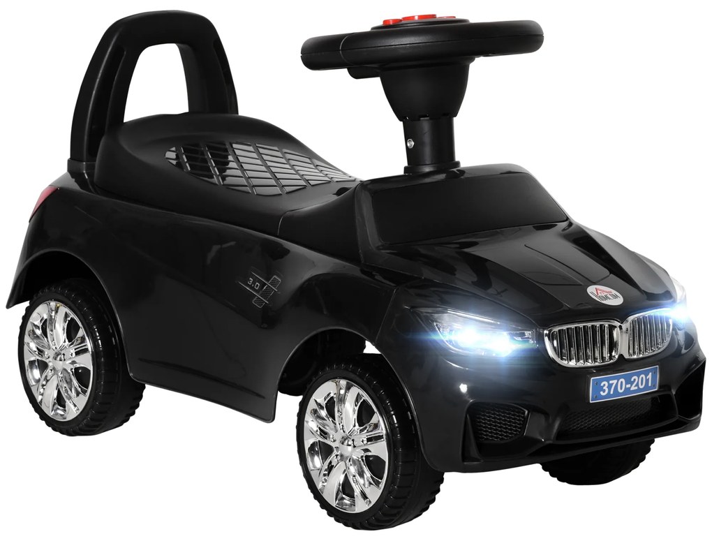 HOMCOM Carro Andador para Crianças com Faróis Música Buzina Volante Compartimento de Armazenamento 63,5x28x36 cm Preto | Aosom Portugal