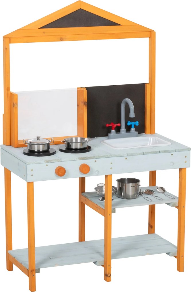 AIYAPLAY Cozinha de Lama Infantil Exterior de Madeira com Fogão Pia Removível Prateleiras para Crianças de 3-8 anos, Azul claro | Aosom Portugal