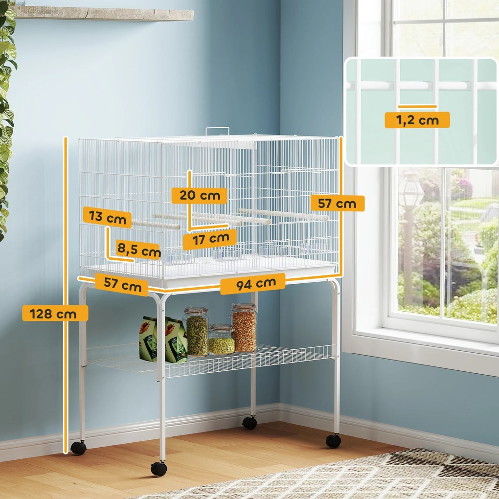 Gaiola para Pássaros com Divisória Rodas Gaiola para Aves com Comedouros Poleiros e Bandeja Removível 94x57x128 cm Branco