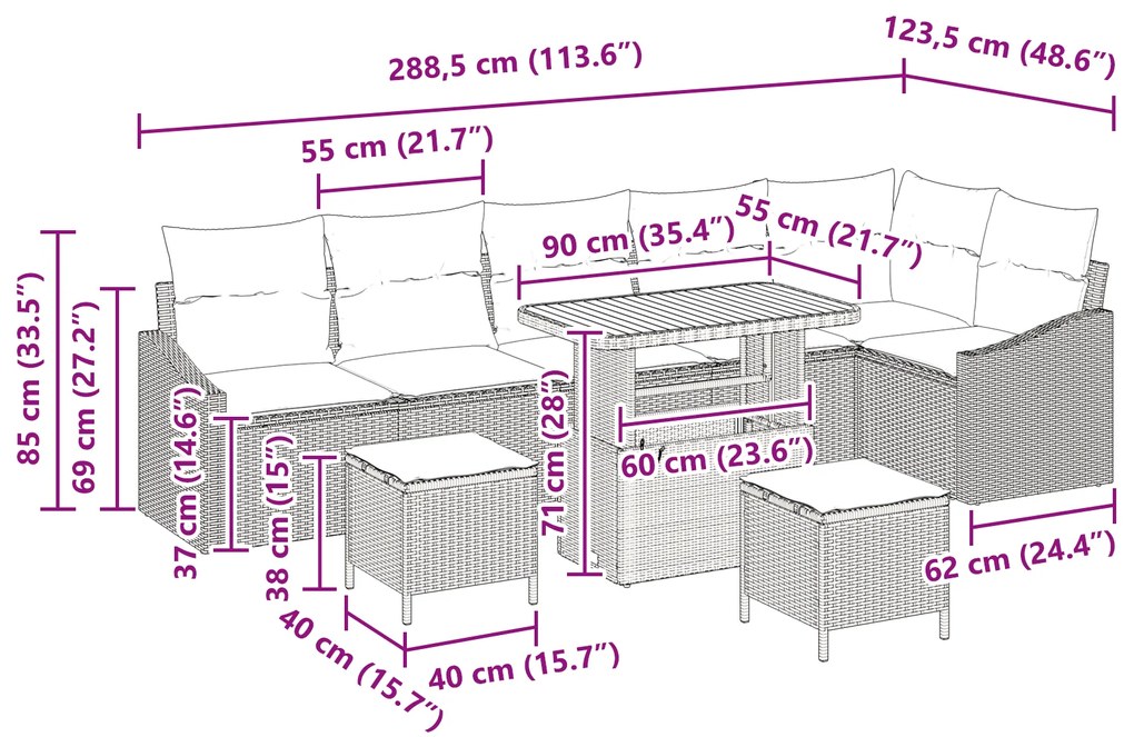 Conjunto de Sofá de Jardim vidaXL 9 Peças com Almofadas Bege Rattan Po