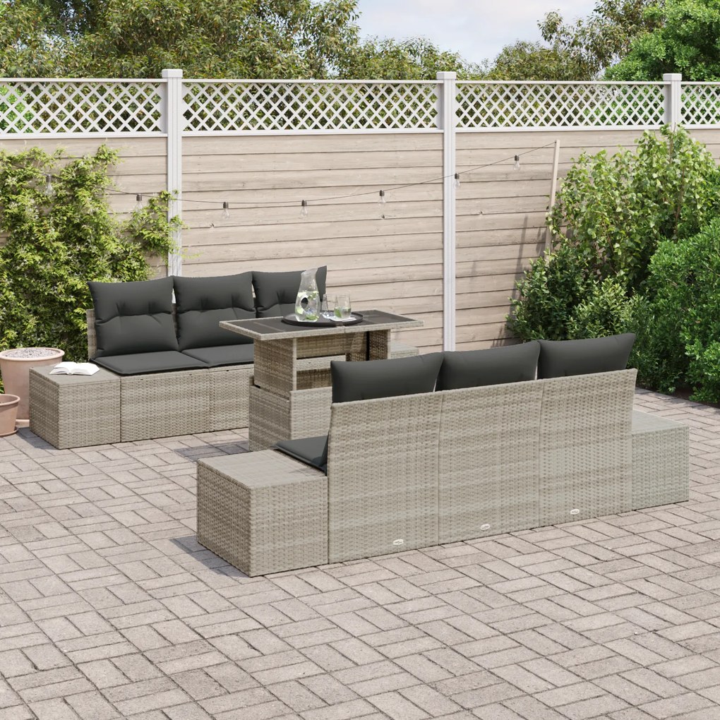 Conjunto de Sofá de Jardim de 7 Peças com Almofadas Cinza Claro em Rat