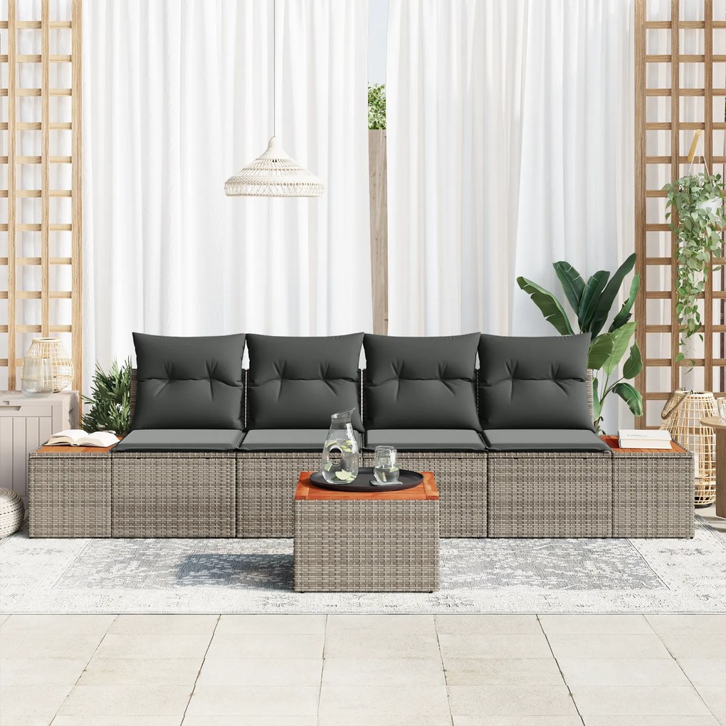 Conjunto de Sofá de Jardim vidaXL 5 Peças com Almofadas Cinza Rattan S