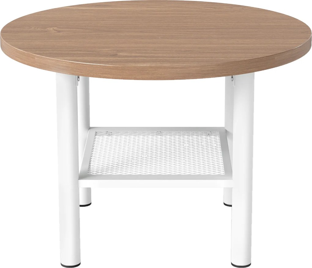 Mesa de Centro Redonda, 60 x 60 x 42 cm, 2 Níveis de Arrumação, Natural+Branco