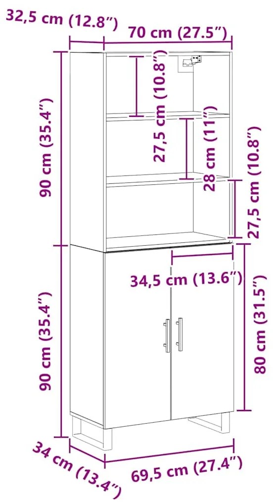 Highboard vidaXL Carvalho Negro 69.5x34x180 cm Madeira de Engenharia
