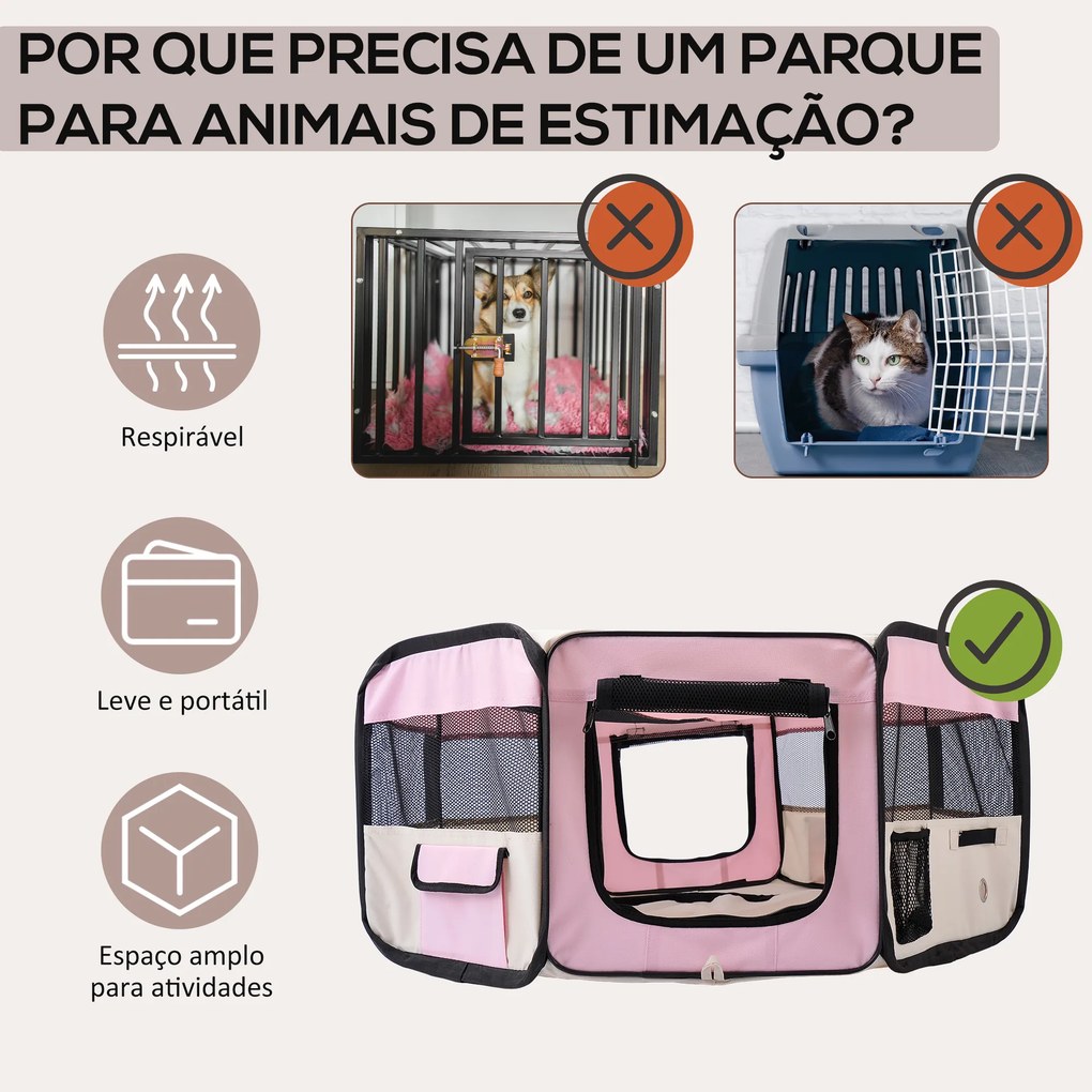 Parque Dobrável para Cães e Gatos Corralito Portátil para Animais Pequenos Impermeável em Tecido Oxford Ø90x41 cm Rosa