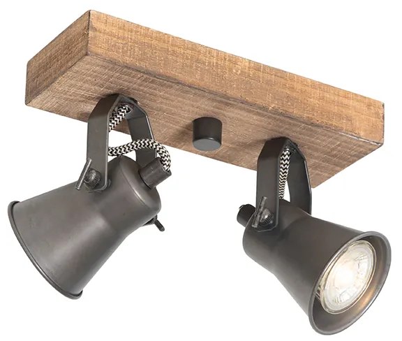 Foco rústico preto com madeira 2-luzes ajustável - Jelle