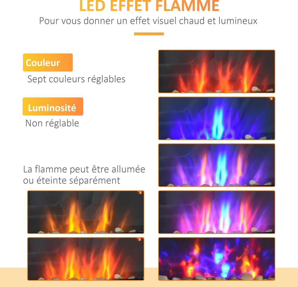 Lareira elétrica de parede 1000/2000 W 72,5 x 11,5 x 40 cm, lareira decorativa com efeito de chama em 7 cores ajustáveis, , preta