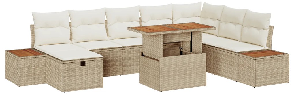 Conjunto de Sofá de Jardim de 9 Peças com Almofadas Bege Polirattan