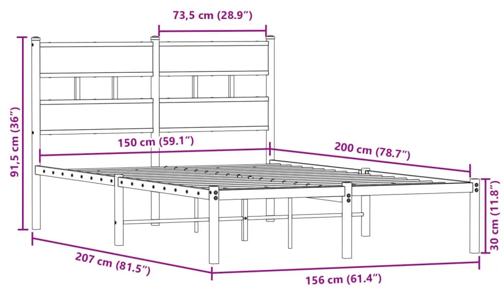 Estrutura de cama sem colchão 150x200cm metal carvalho sonoma