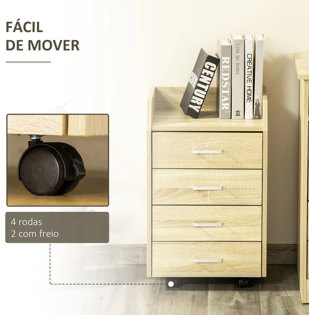 Vinsetto Bloco de Gavetas Móvel Auxiliar com 4 Gavetas Bancada Superior de Armazenamento 4 Rodas e 2 Freios para Estúdio Escritório 40x36x65cm Carvalho