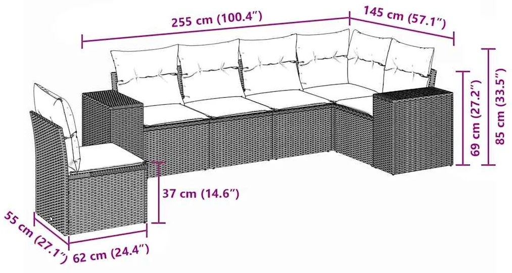 6 pcs conjunto sofás de jardim c/ almofadões vime PE preto