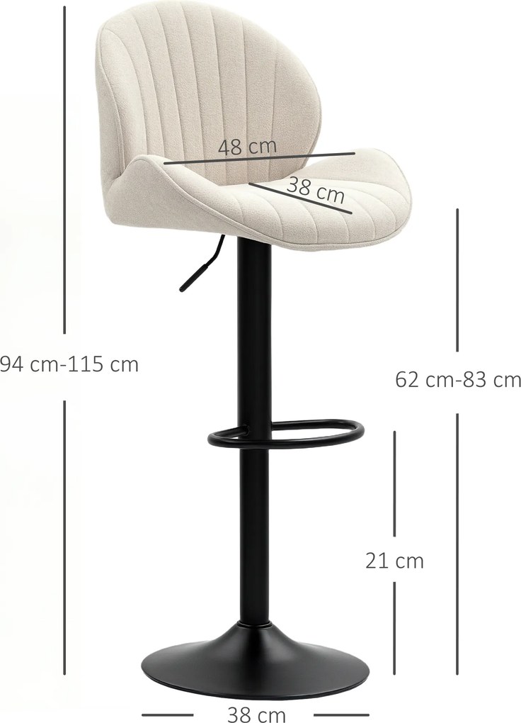 Conjunto de 2 bancos de bar em forma de concha, com encosto, altura ajustável e apoio para os pés, estrutura em aço, bege