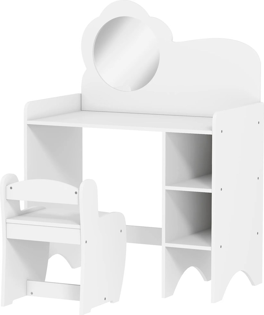 Toucador para Crianças com Banco e Espelho em Forma de Flor com Compartimentos Abertos 70x39x92,5 cm Branco
