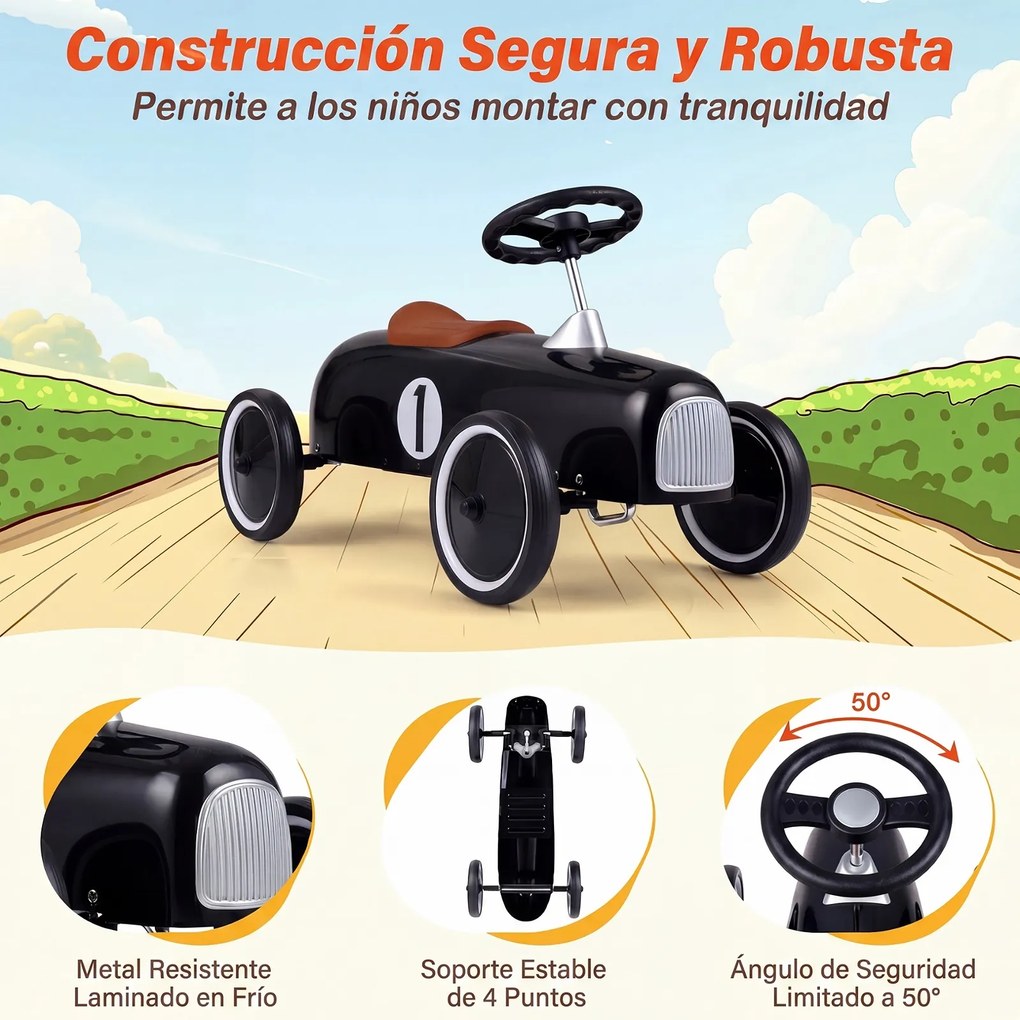 Carrinho Infantil de Condução Vintage, 75 x 39 x 40 cm, Ângulo de Direção Limitado a 50°, Preto