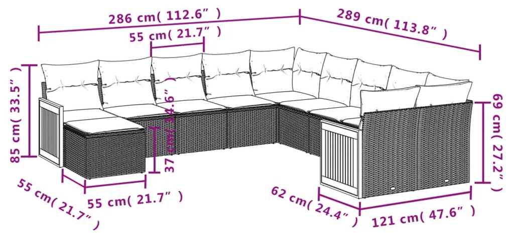11 pcs conjunto sofás de jardim c/ almofadões vime PE bege