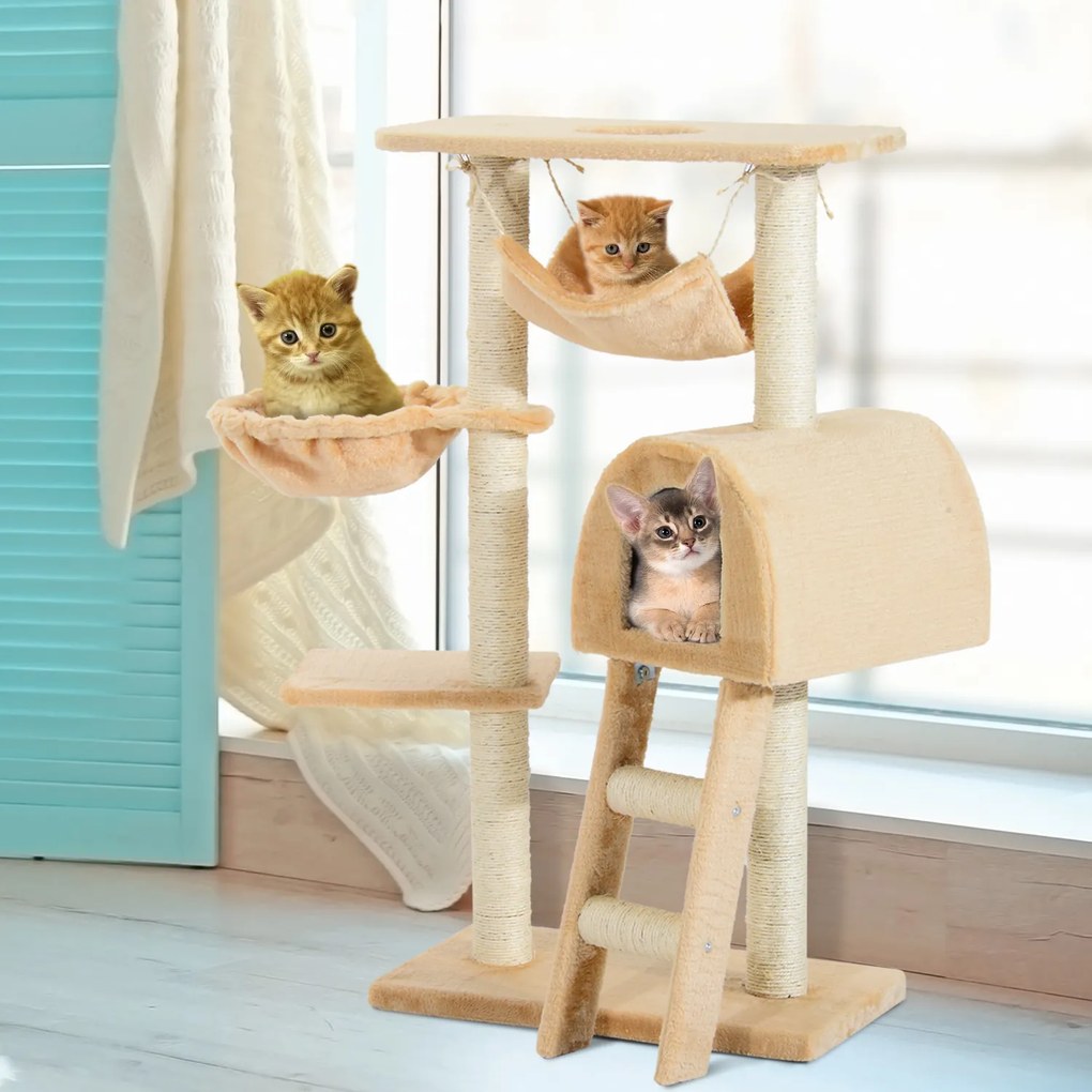 Árvore para Gatos Raspador com Poste para arranhar Ninho Rede Plataforma Casinha Escada Veludo Sisal Natural - 55x30x100cm