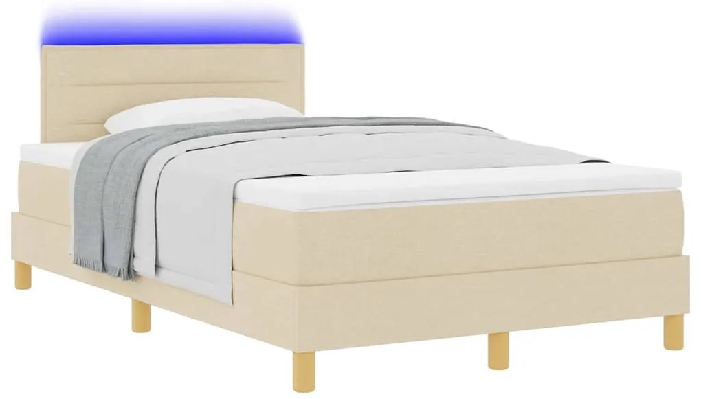 Cama Box Spring com Colchão &amp; LED Creme 120x200 cm Tecido