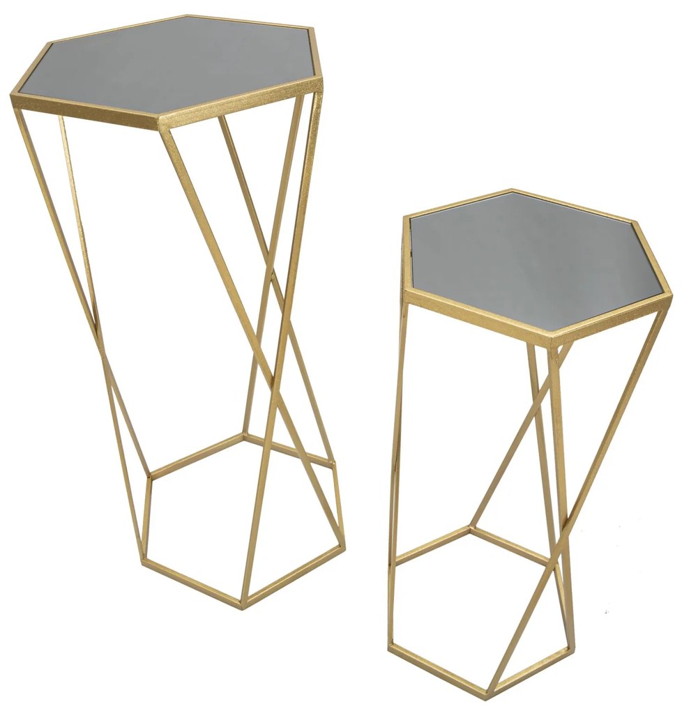 CONJUNTO DE 2 MESAS HEXAGONAIS DOURADAS Ø 50X100-40X80 CM