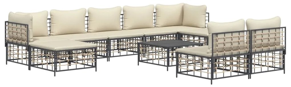 10pcs conjunto lounge de jardim c/ almofadões vime PE antracite