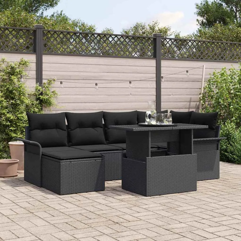vidaXL Conjunto de sofá de jardim com 7 peças e almofadas pretas de rattan sintético