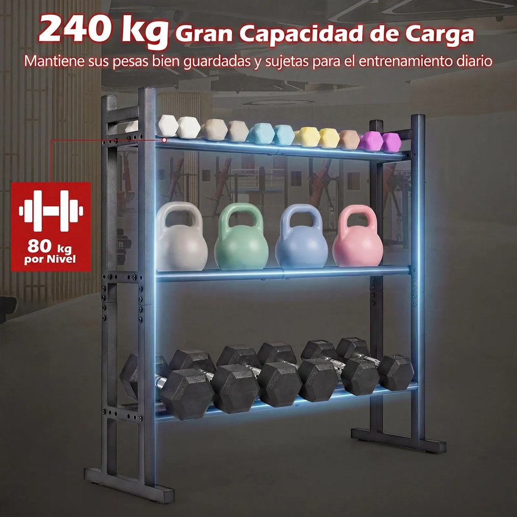 Suporte para Halteres de 3 Níveis, 80 x 30 x 80 cm, Capacidade para 240 kg, Preto