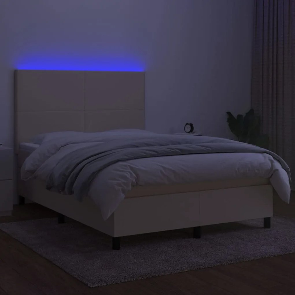 Cama box spring c/ colchão e LED 140x200 cm tecido cor creme