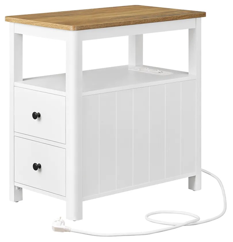 Mesa de apoio, mesa cabeçeira estreita com 2 tomadas eléctricas, 2 portas USB 60 x 35 x 60 cor nogueira castanho-branco