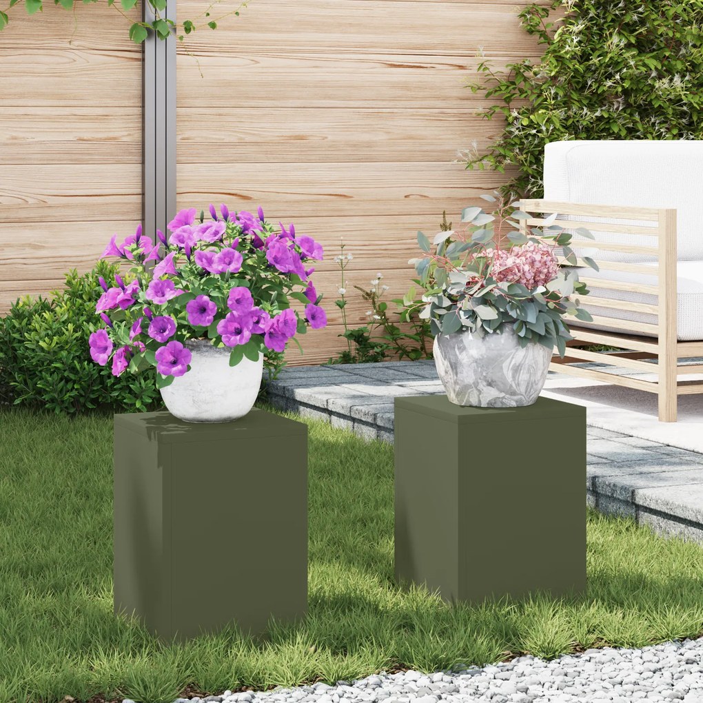 vidaXL Suportes de Planta para Exterior Pilar 2 pcs Verde Azeitona 24x24x35 cm Aço