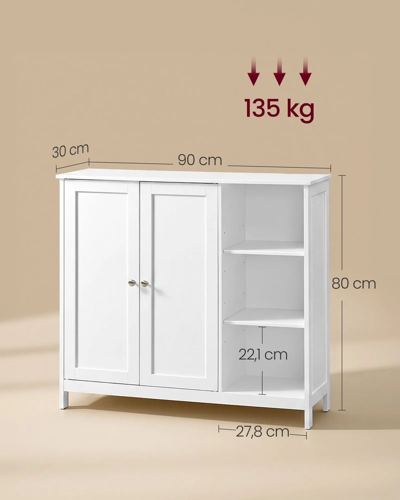 Armário de casa de banho 90 x 30 x 80 cm com 2 portas e compartimentos abertos, Branco