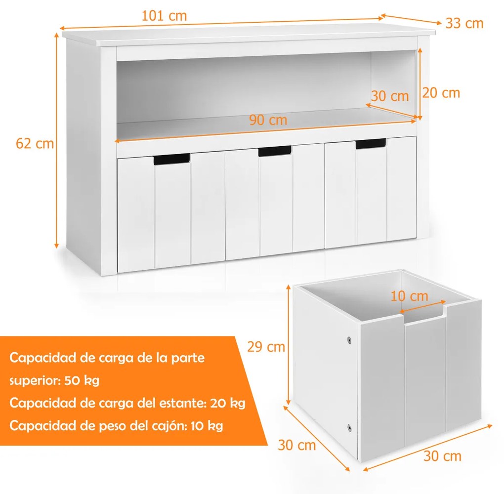Armário com 3 gavetas Estante de madeira com rodas e cubos para brinquedos infantis Organizador de brinquedos para sala de estar 101 x 33 x 62 cm Bran