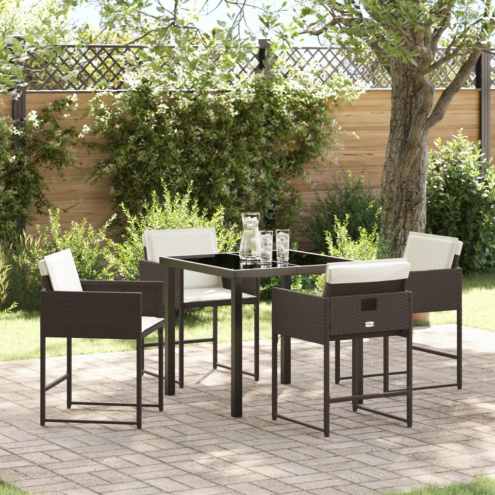 vidaXL Conjunto de Jantar de Jardim de 5 Peças com Almofadas em Rattan Poliéster Castanho