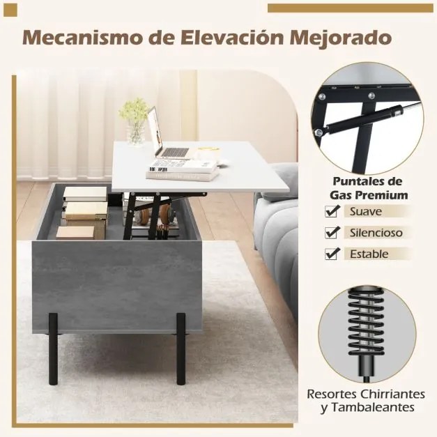 Mesa de centro 100 x 50 x 45 cm elevável com tampo ajustável, amplo compartimento oculto e 3 espaços abertos, com pés em metal cinzenta