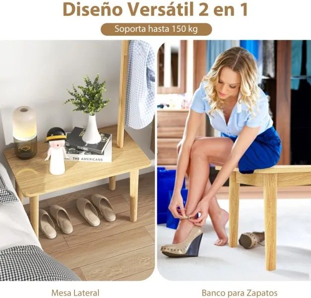 Cabide entrada com Mesa de apoio 2 em 1 de madeira maciça para quarto com sapateira e 3 cabides para casacos 76 x 43 x 168 cm Natural