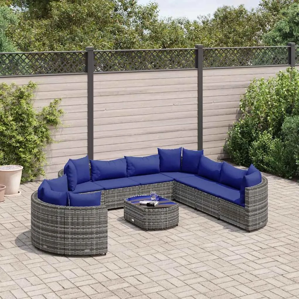 10 pcs conjunto sofás de jardim c/ almofadões vime PE cinzento