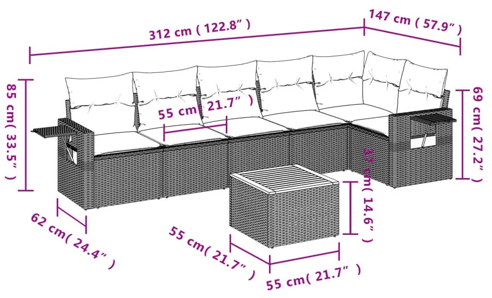 7 pcs conjunto sofás p/ jardim c/ almofadões vime PE cinzento