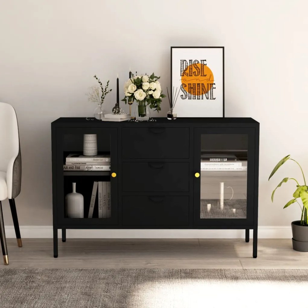 vidaXL Aparador 105x35x70 cm vidro temperado e aço preto