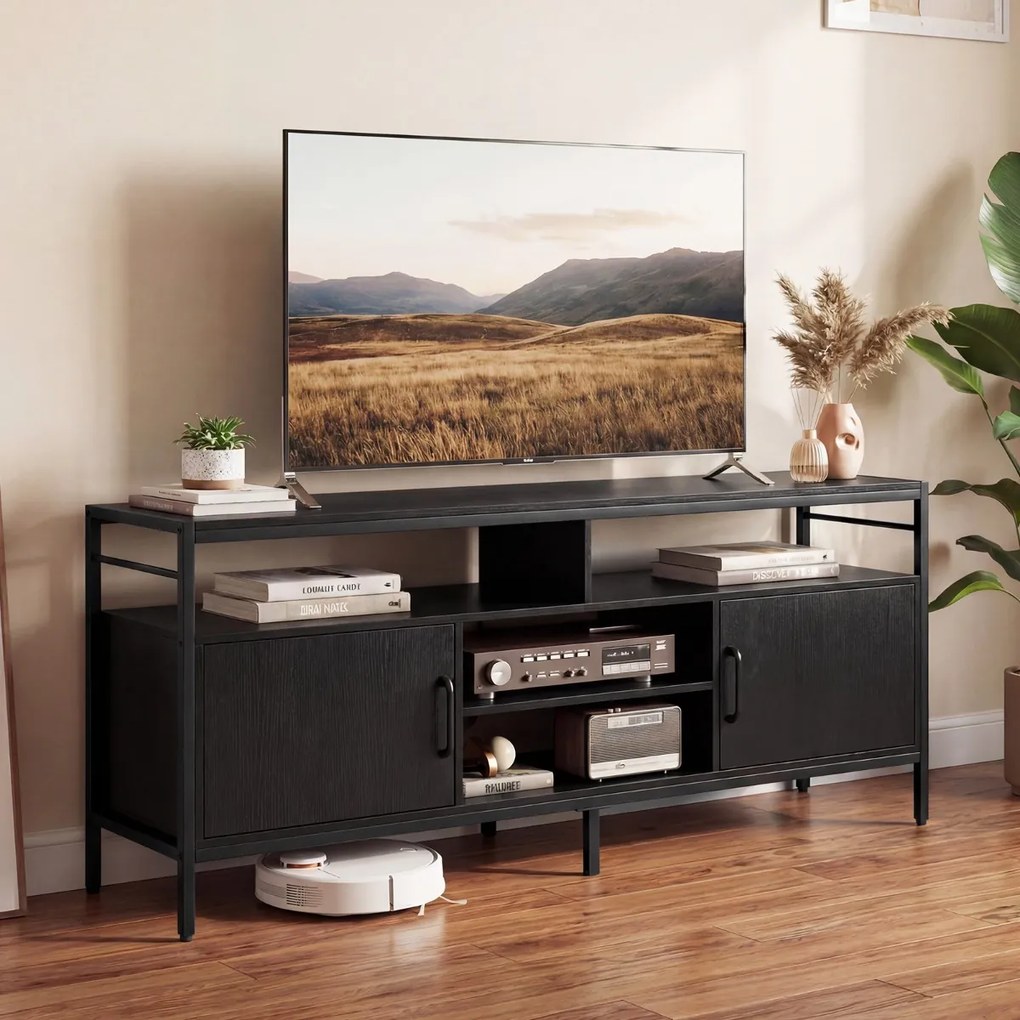 Móvel para TV até 65" com 2 armários e 4 prateleiras abertas, em madeira com pés de metal 147 x 35 x 63,5 cm Preto