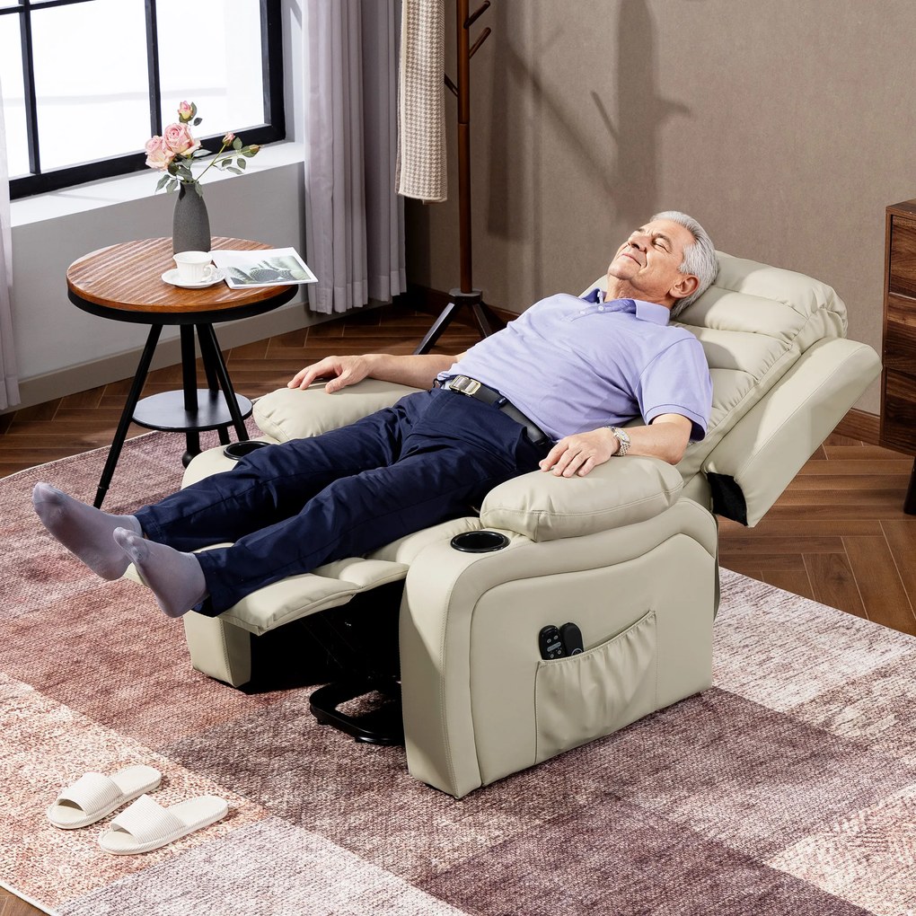 Poltrona Relax Reclinável Elétrica Elevatória com Massagem Vibratória Aquecimento e Porta USB 93x95,5x100 cm Creme