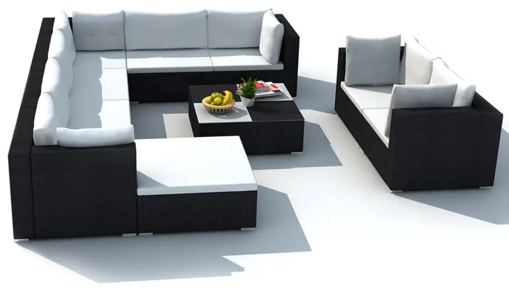 10 pcs conjunto lounge de jardim c/ almofadões vime PE preto