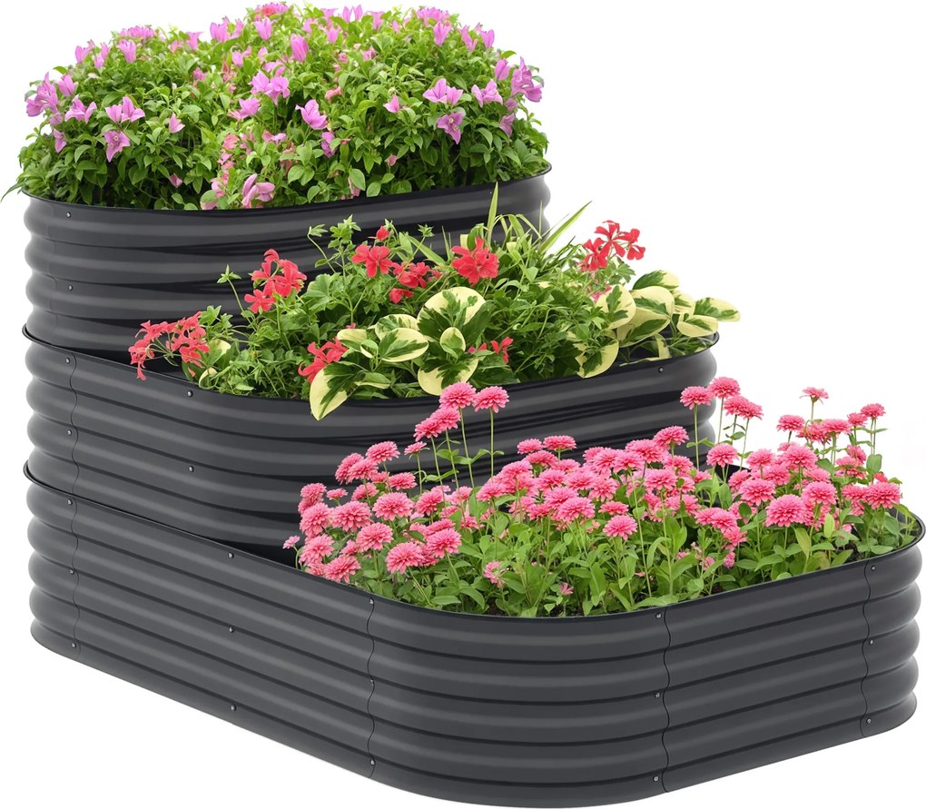 Floreira de jardim com fundo aberto 158 x 109 x 82 cm, 3 níveis, para ervas aromáticas, legumes, frutas e flores, cinzenta