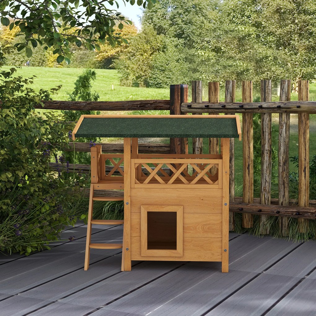 PawHut Casa para Gatos de Madeira 77x50x73 cm Casa para Gatos com 2 Ní