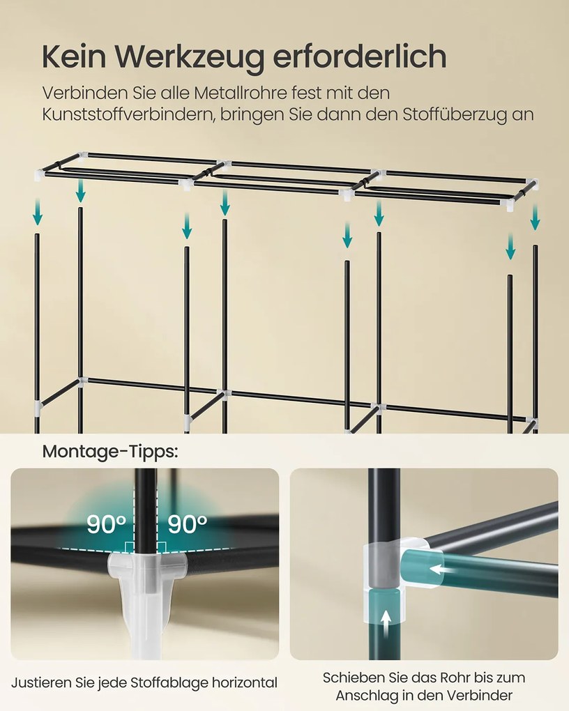 Guarda roupa de tecido 45 x 188 x 176 cm com 3 compartimentos suspensos, preto