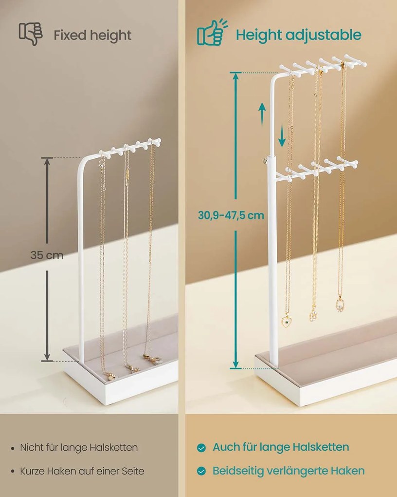 Suporte para joias em metal com bandeja em veludo 10 x 30,6 x (30,9-47,5) cm branco