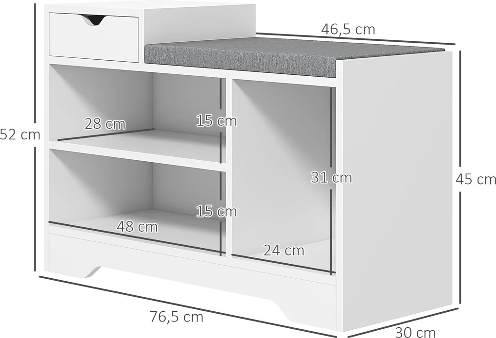 Móvel e banco sapateira com 1 gaveta e 3 compartimentos 76,5 x 30 x 52 cm, capacidade para 5 pares, em MDF branco e cinzento